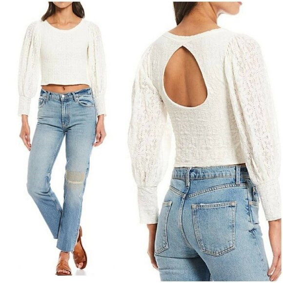 Free People Tops - Free People Tea Time XS Long Puff Sleeve Floral Lace Stretch Crop Top Open Back